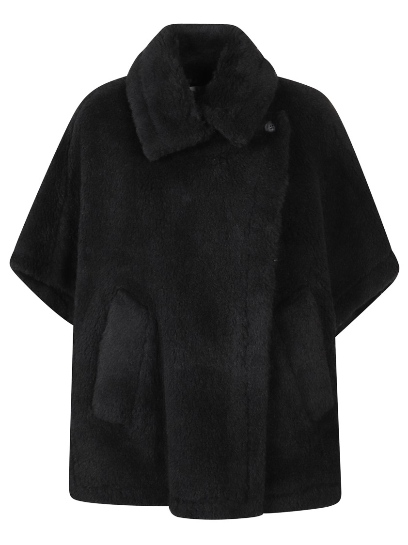 Max Mara Relaxed Black Coat With Plush Texture And Wide Collar In Black