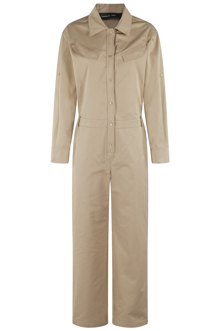 Federica Tosi Kaki Jumpsuit With Classic Collar In Neutrals