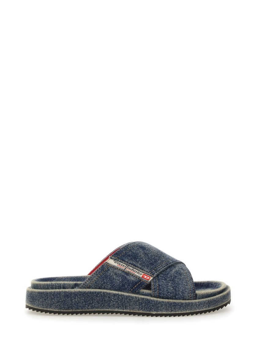 Diesel Sa-slide-denim Slides With Criss-cross Straps In Blue