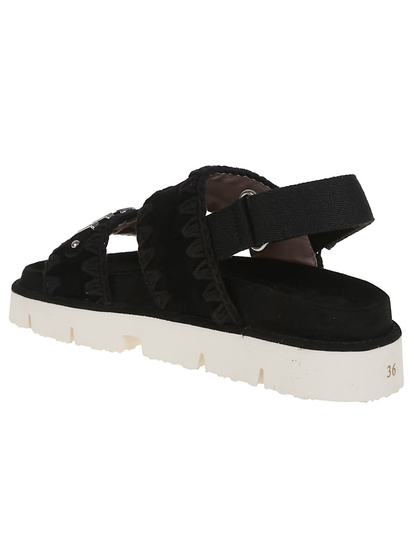MOU MOU BLACK LEATHER PLATFORM SANDALS WITH DECORATIVE DETAILING