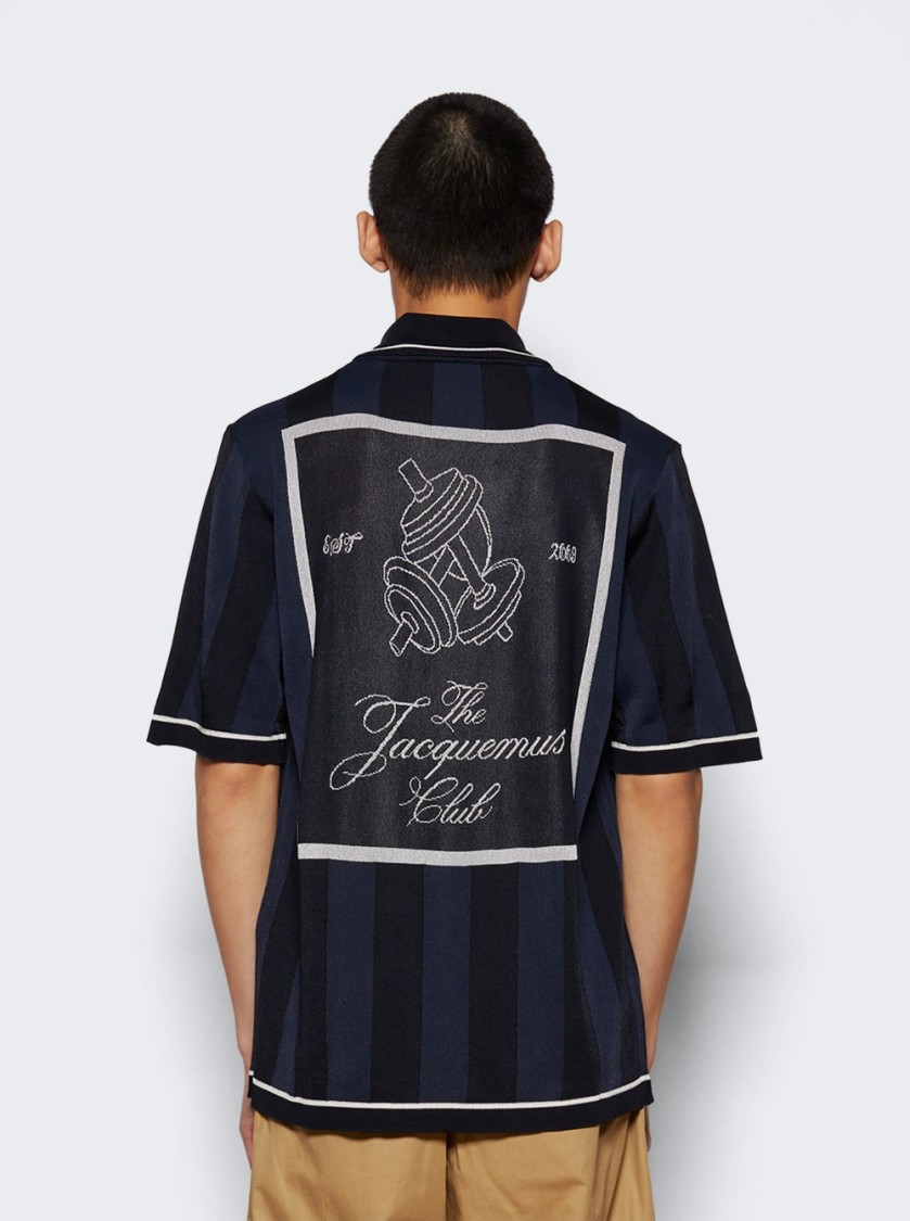 Jacquemus 'le Polo Liga' Blue Shirt With Maxi Rear Print And All-over Striped Motif In Gold