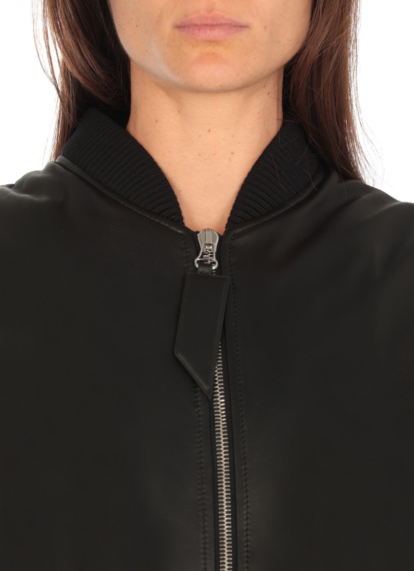Attico Black Leather Bomber Jacket In Black