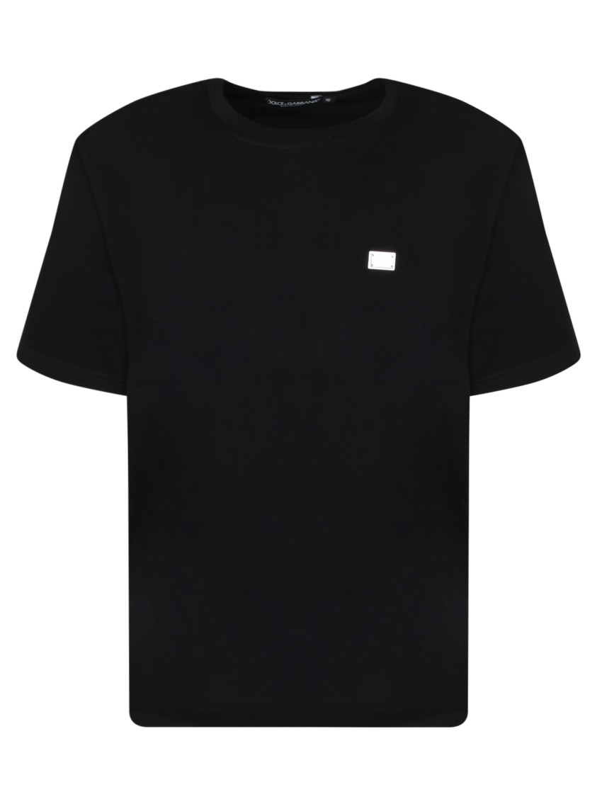 Dolce & Gabbana Cotton T-shirt With Metal Plaque Featuring Front Logo In Black