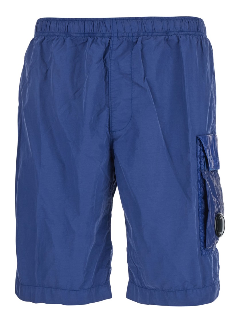 C.p. Company Blue Swim Shorts With Elastic Waist And Logo Plaque On The Side