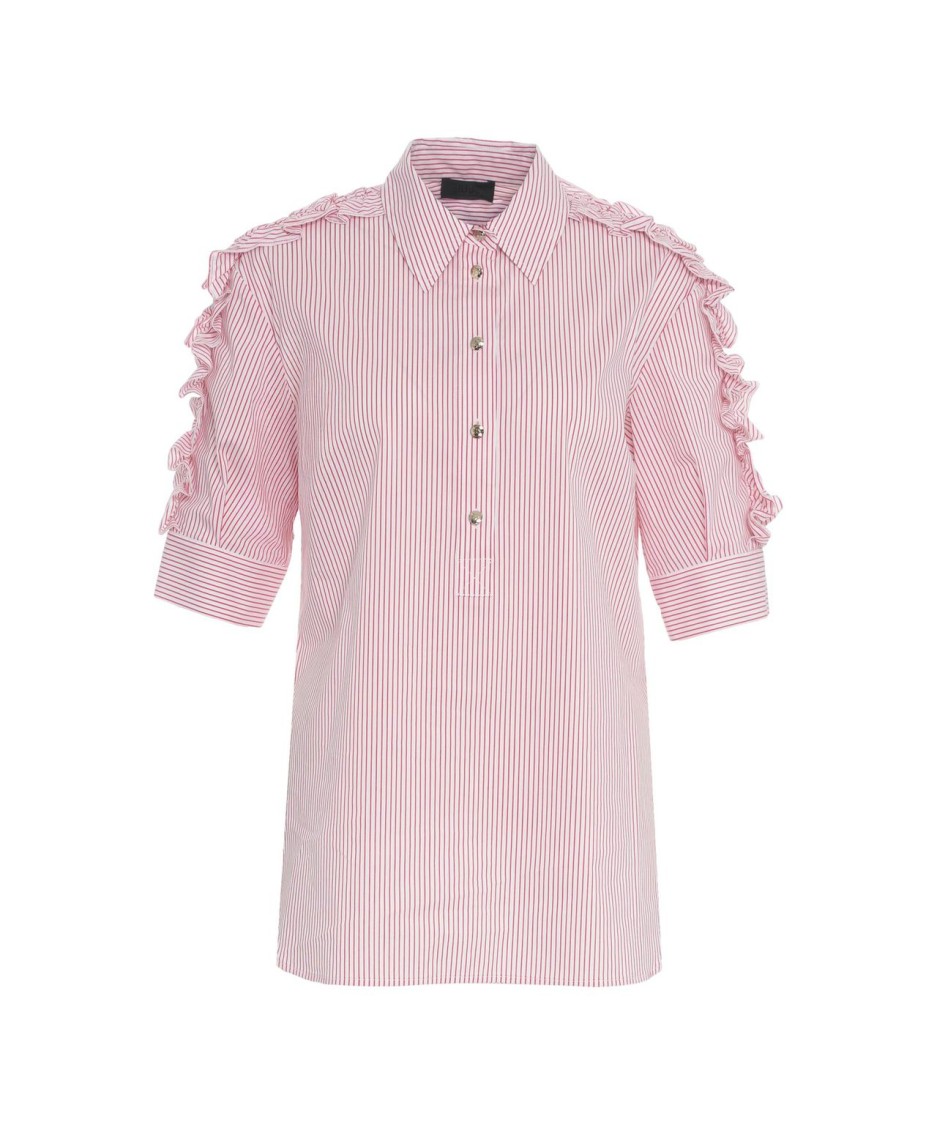 Liu •jo Liu Jo Ruffled Detail Striped Shirt With Rounded Hem In Pink