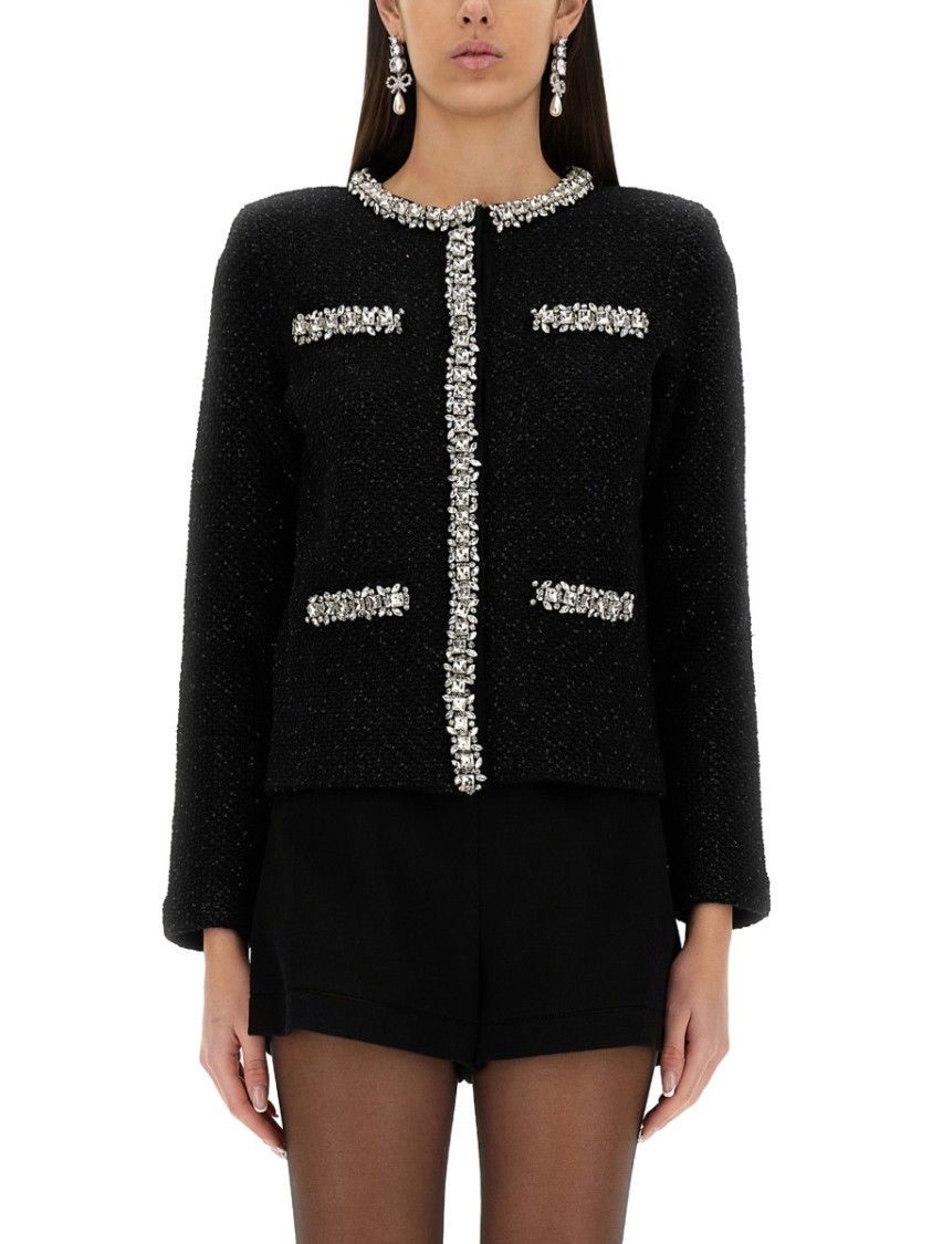 Self-portrait Black Crewneck Sequin Cardigan In Black