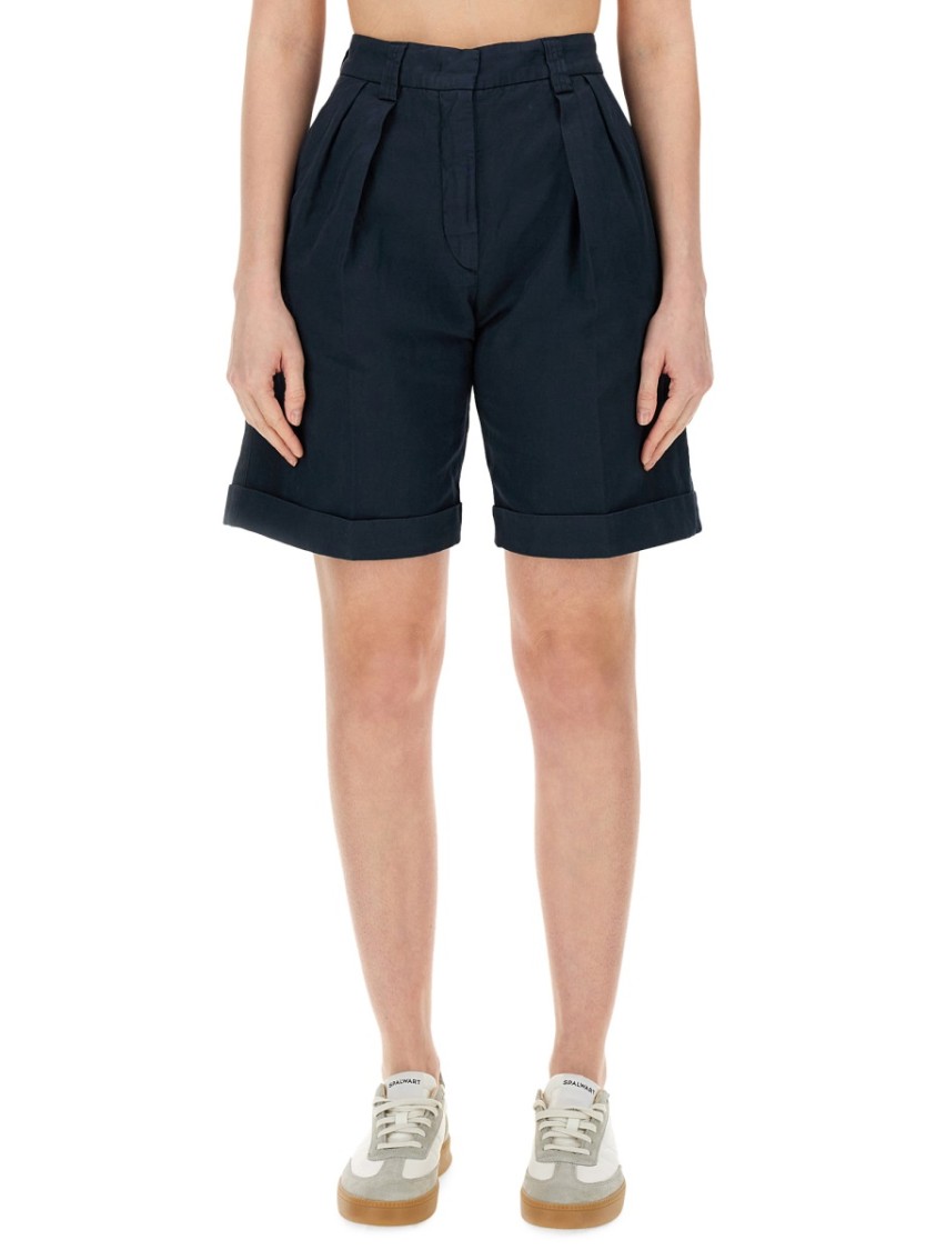 Shop Aspesi Tailored High-waisted Cotton-linen Shorts With Pleated Front In Neutrals