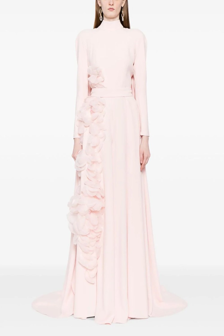 Saiid Kobeisy Crepe Kaftan With Organza Flowers In Pink