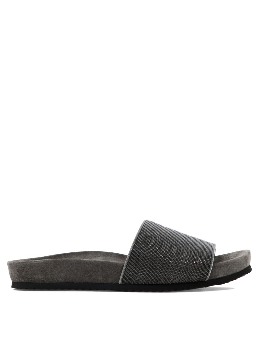 Brunello Cucinelli Textured Grey Leather Sandals In Gray