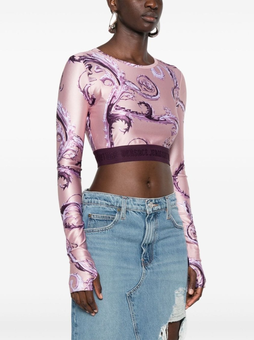 Shop Versace Jeans Couture Long Sleeve Cropped T-shirt With Glossy Finish In Pink