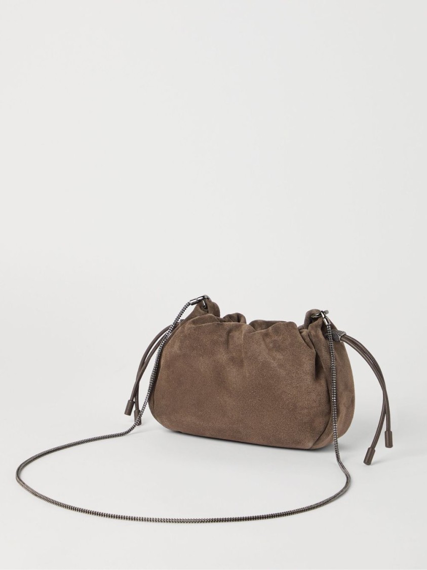 Brunello Cucinelli Soft Suede Drawstring Bag With Chain-link Strap