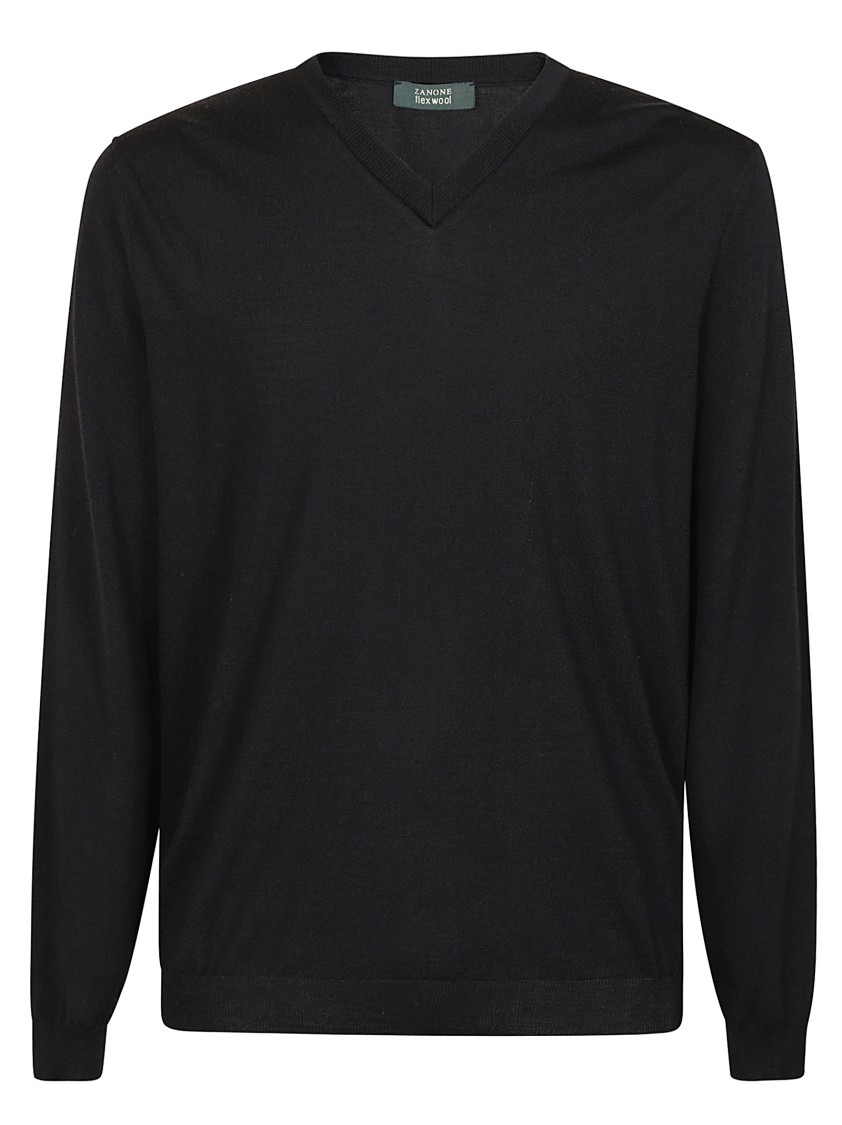Zanone Minimalist V-neck Wool Sweater With Relaxed Fit In Black