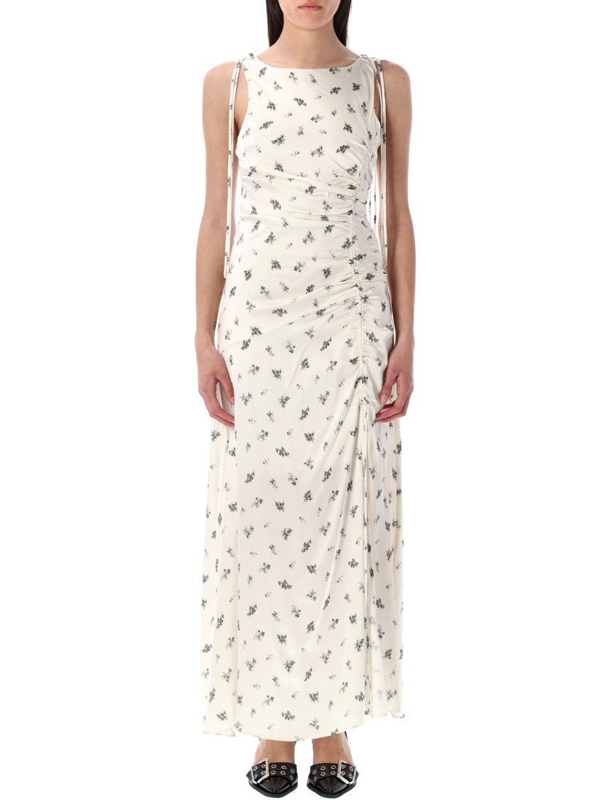 Ganni Satin Gathered Long Dress Maxi in White | THE LIST
