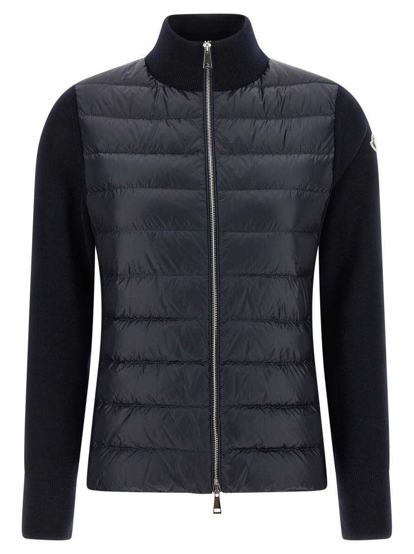 Moncler Two-material Cardigan With High Neck And Zip Closure In Blue