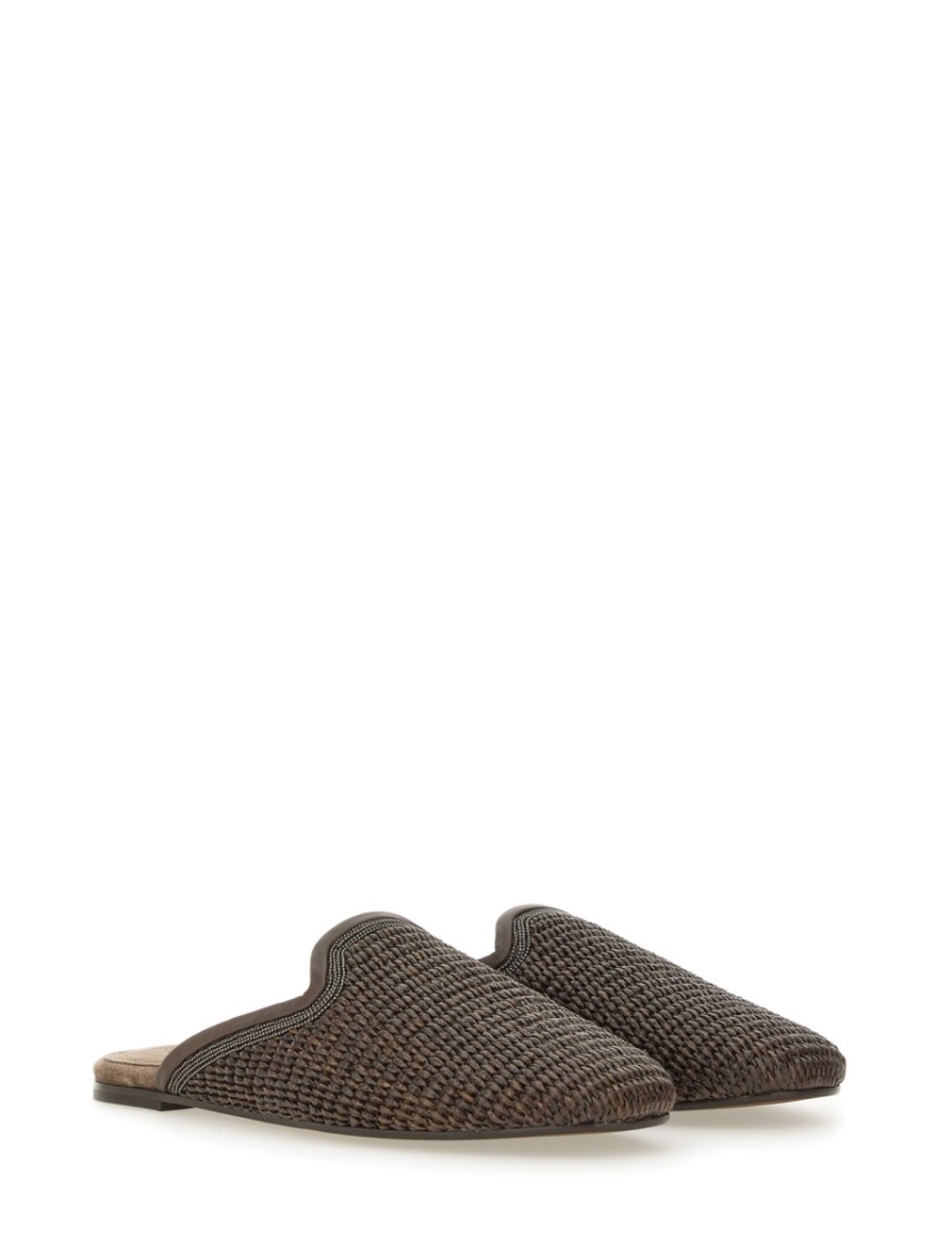 Brunello Cucinelli Monili-embellished Raffia Slippers In Grey