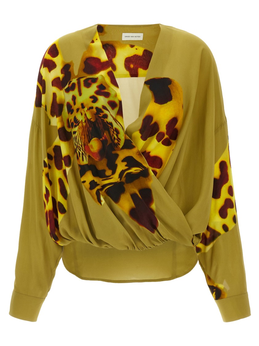 Dries Van Noten Camiel Leopard Orchid Print Faux Wrap Top