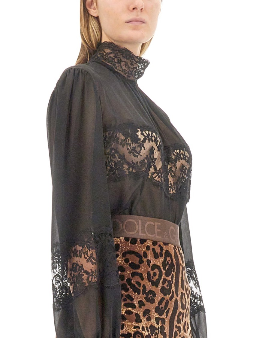 Dolce & Gabbana Georgette Silk Top With Lace Details In Black