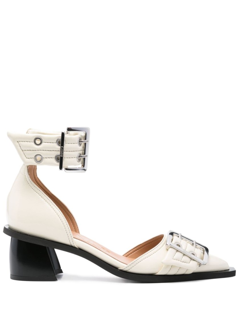 Ganni Ivory Pumps With Buckles And Ankle Strap In Neutrals