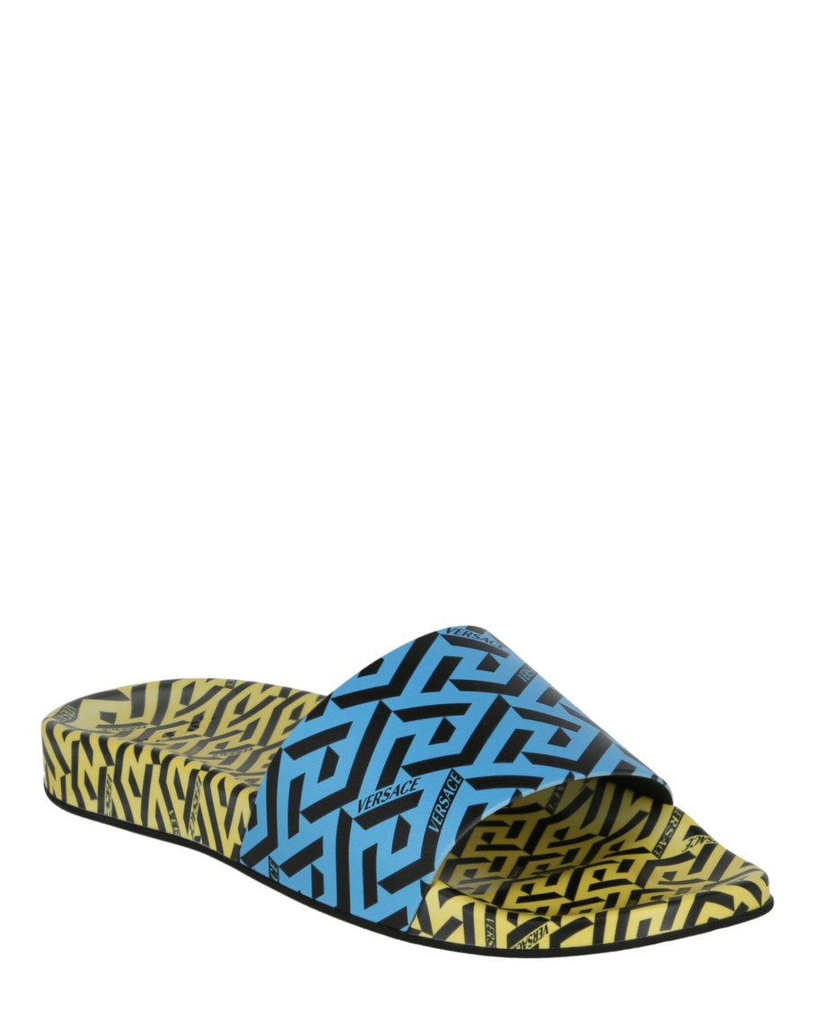 Versace Greca Print Slides In Blue