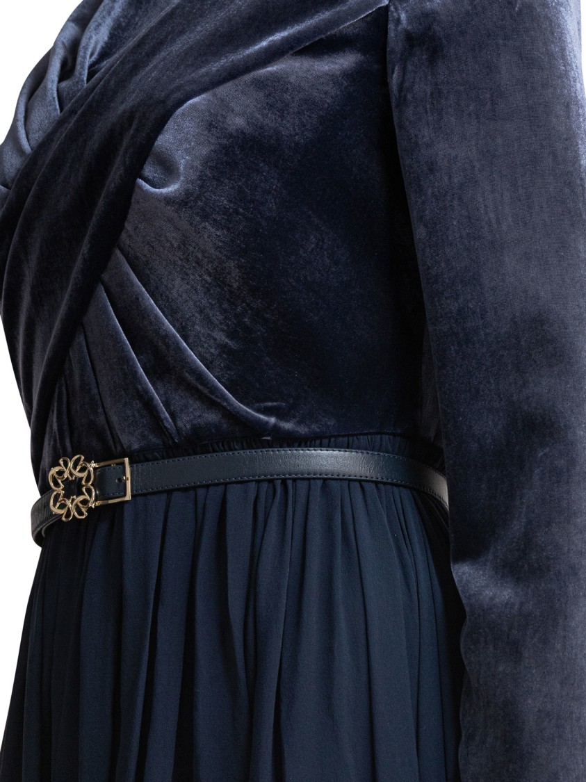 Elie Saab Velvet Pleated Maxi Dress With Belted Waist In Black
