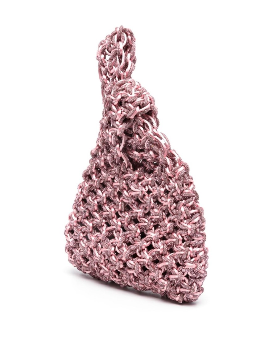 Shop Hibourama Woven Satin Handbag With Crystal Details And Knot Closure In Pink
