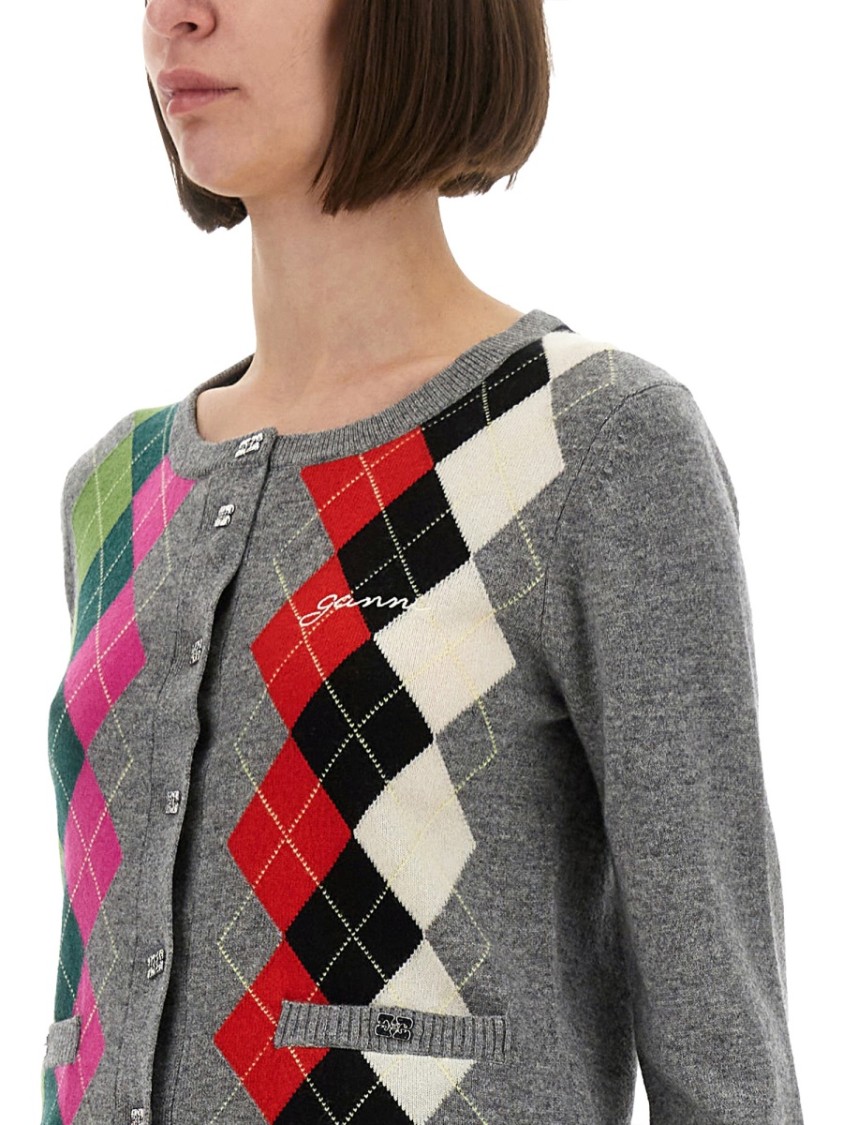 Ganni Womens Paloma Melange Rhombus-print Round-neck Wool And Cashmere Cardigan