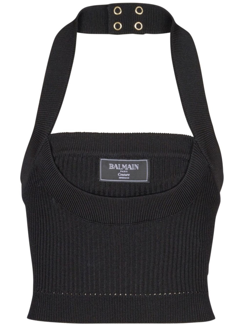 Shop Balmain Black Ribbed Texture Halter Top