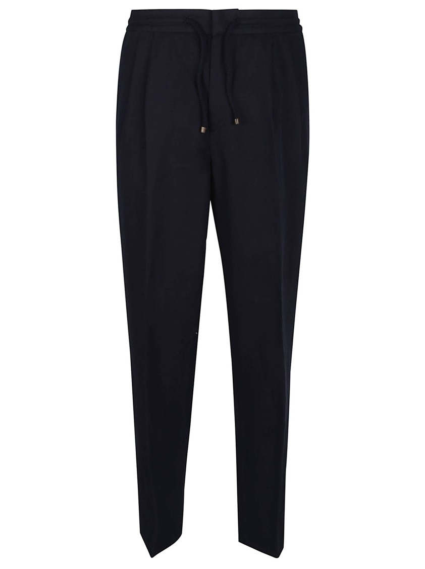 Brunello Cucinelli Men Leisure Fit Trousers In Virgin Wool Flannel With Drawstring And Double Darts In Black