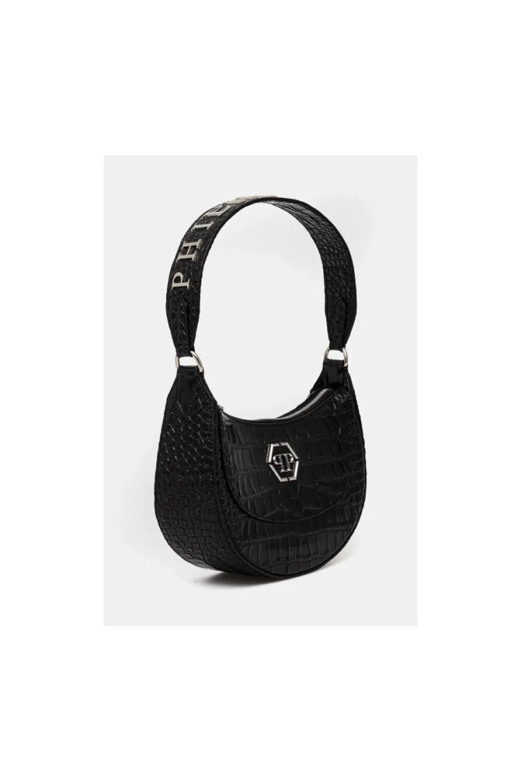Philipp Plein Textured Crocodile Pattern Handbag With Logo Detail In Black