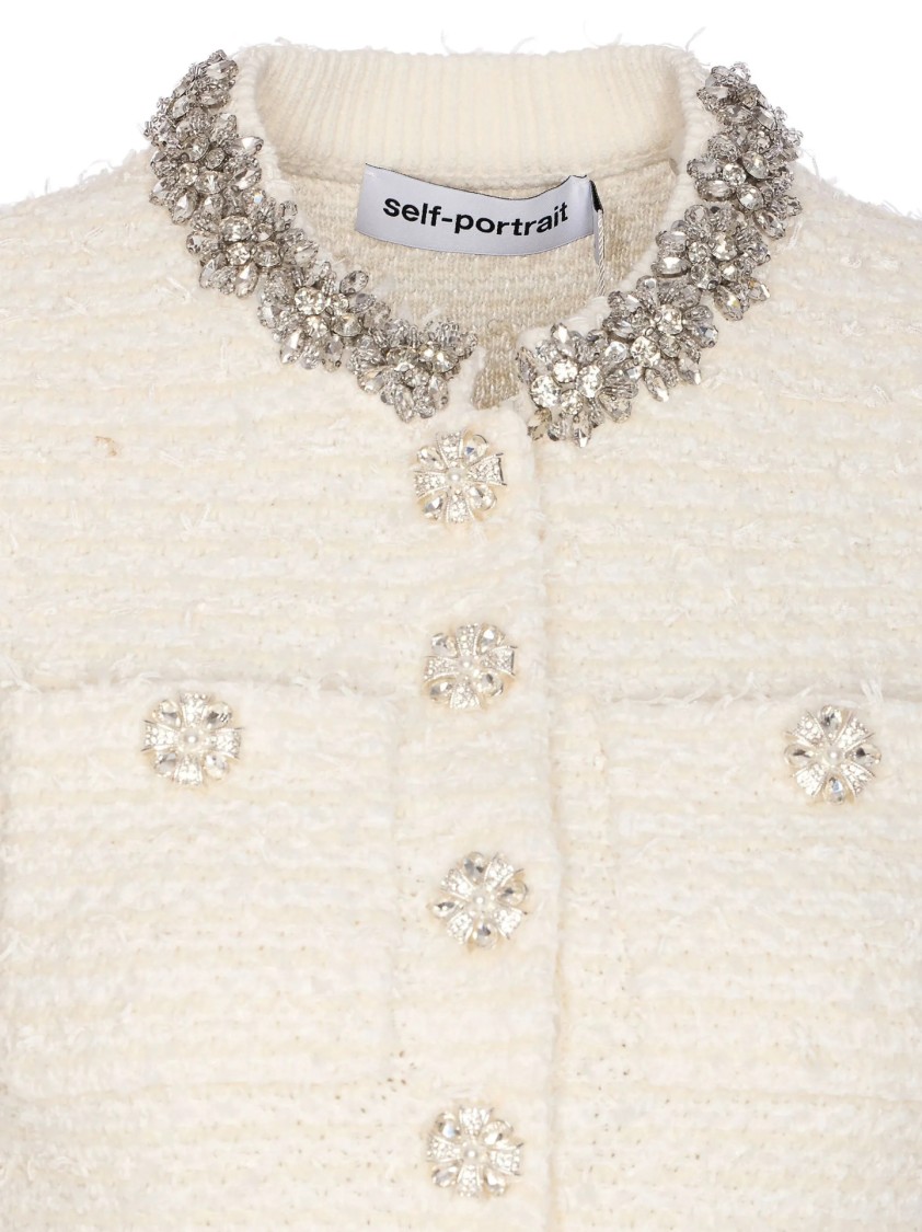 Self-portrait Mini Dress With Knit Tweed Texture And Crystal Accents In Neutral