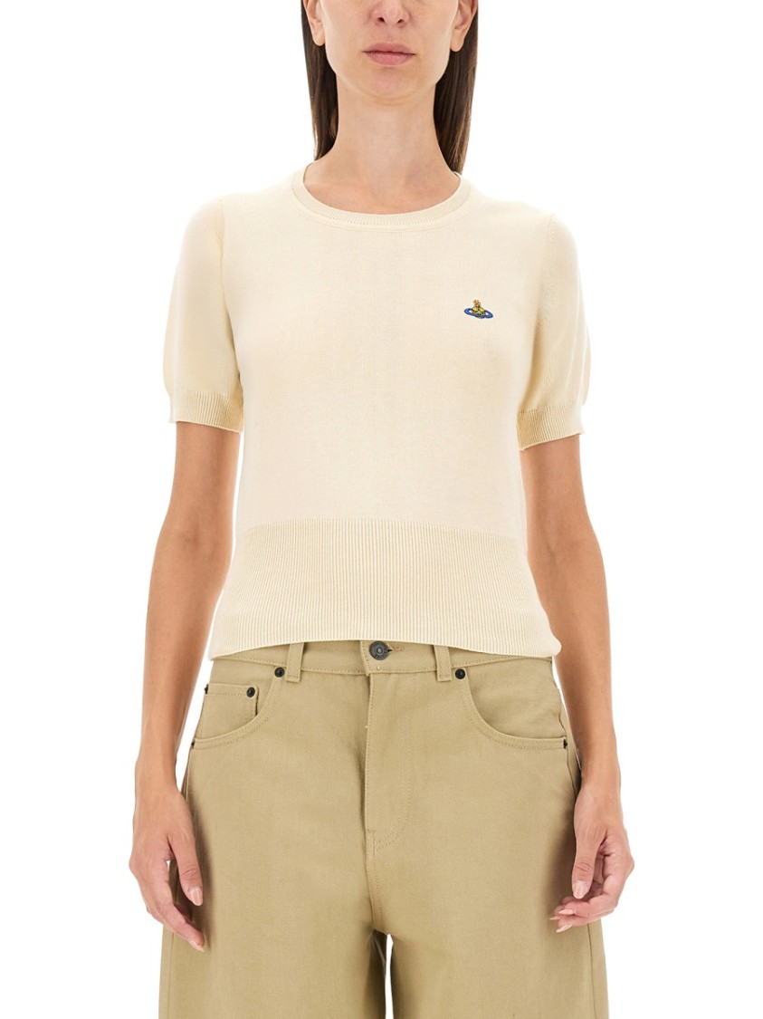 Vivienne Westwood Ribbed Hem Crewneck Top With Short Sleeves In White
