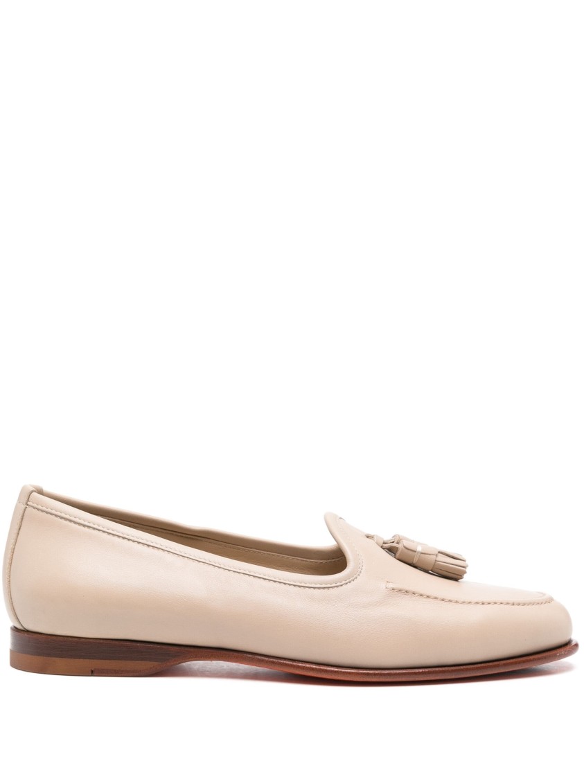 フラットシューズ Santoni Beige Leather Tassel Loafers With Rubber Sole Santoni Beige Leather Tassel Loafers With Rubber Sole