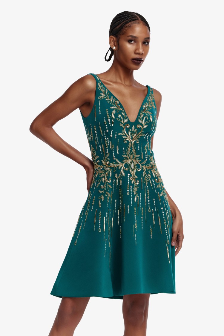 Saiid Kobeisy Short Crepe Beaded Dress In Green