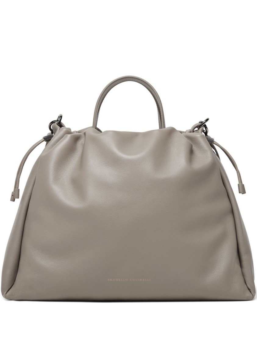 Shop Brunello Cucinelli Gathered Light Grey Calf Leather Bag With Monili Chain Detail