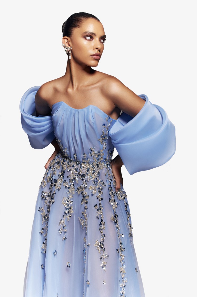 Saiid Kobeisy Organza Dress With Dotted Beading And Pleated Of-shoulder Sleeves In Multi