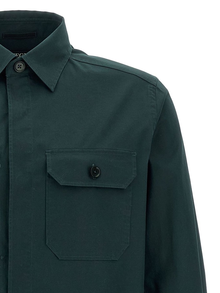 Shop Zegna Green Cotton Shirt With Concealed Front And Dual Chest Pockets