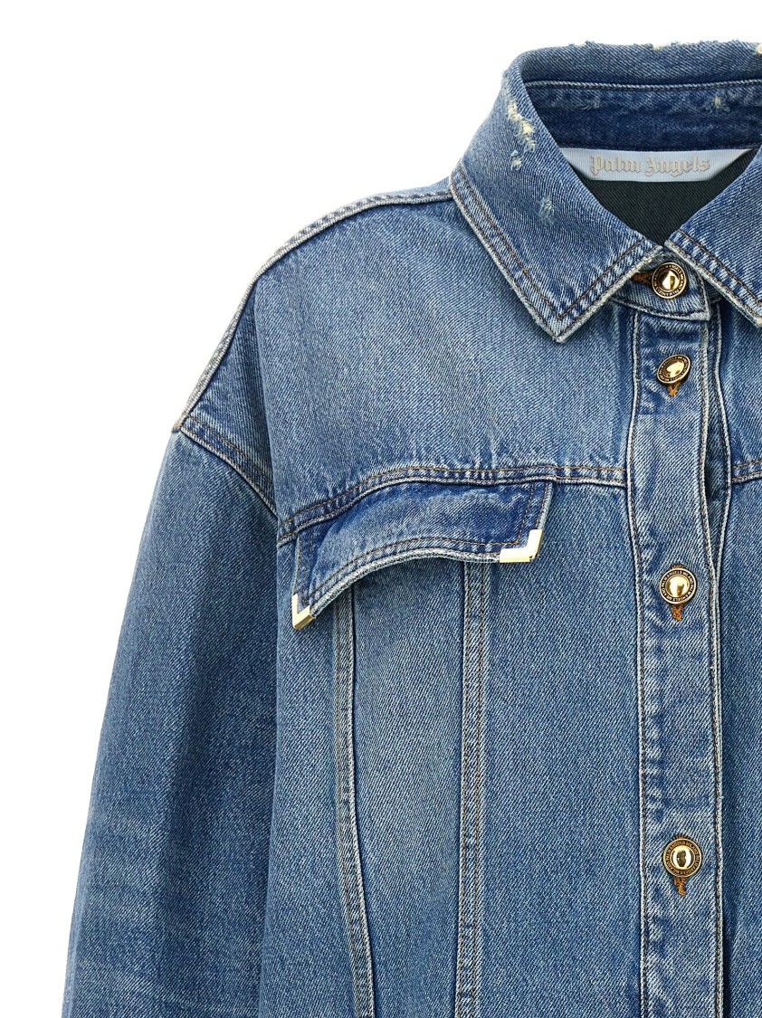 Palm Angels Distressed Logo Jacket Featuring Pockets In Blue