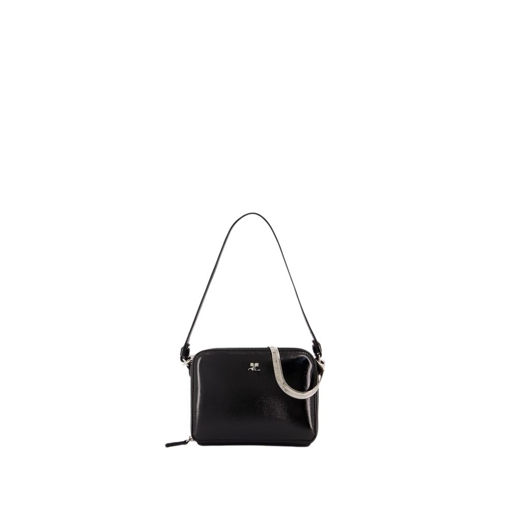 Courrèges Mini Chained High-shine Purse In Black