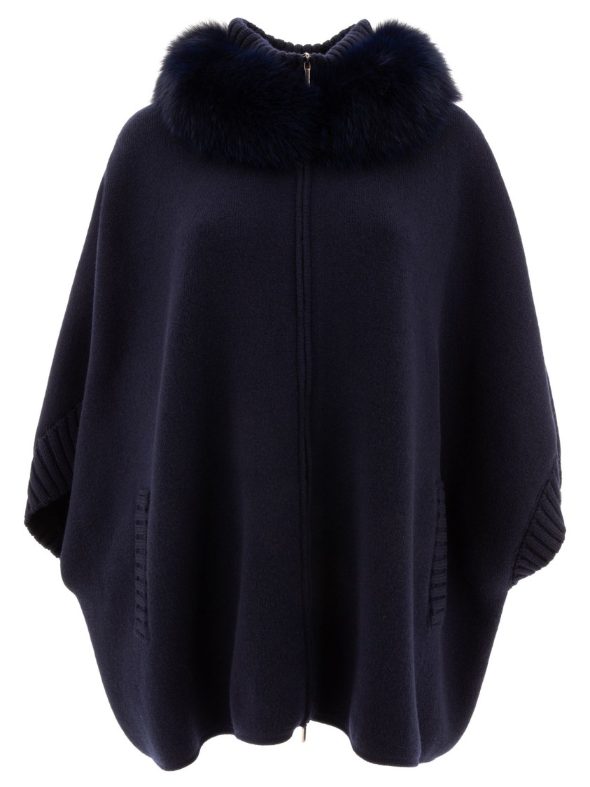 Giovi Wool And Cashmere Poncho With Fur Collar In Blue