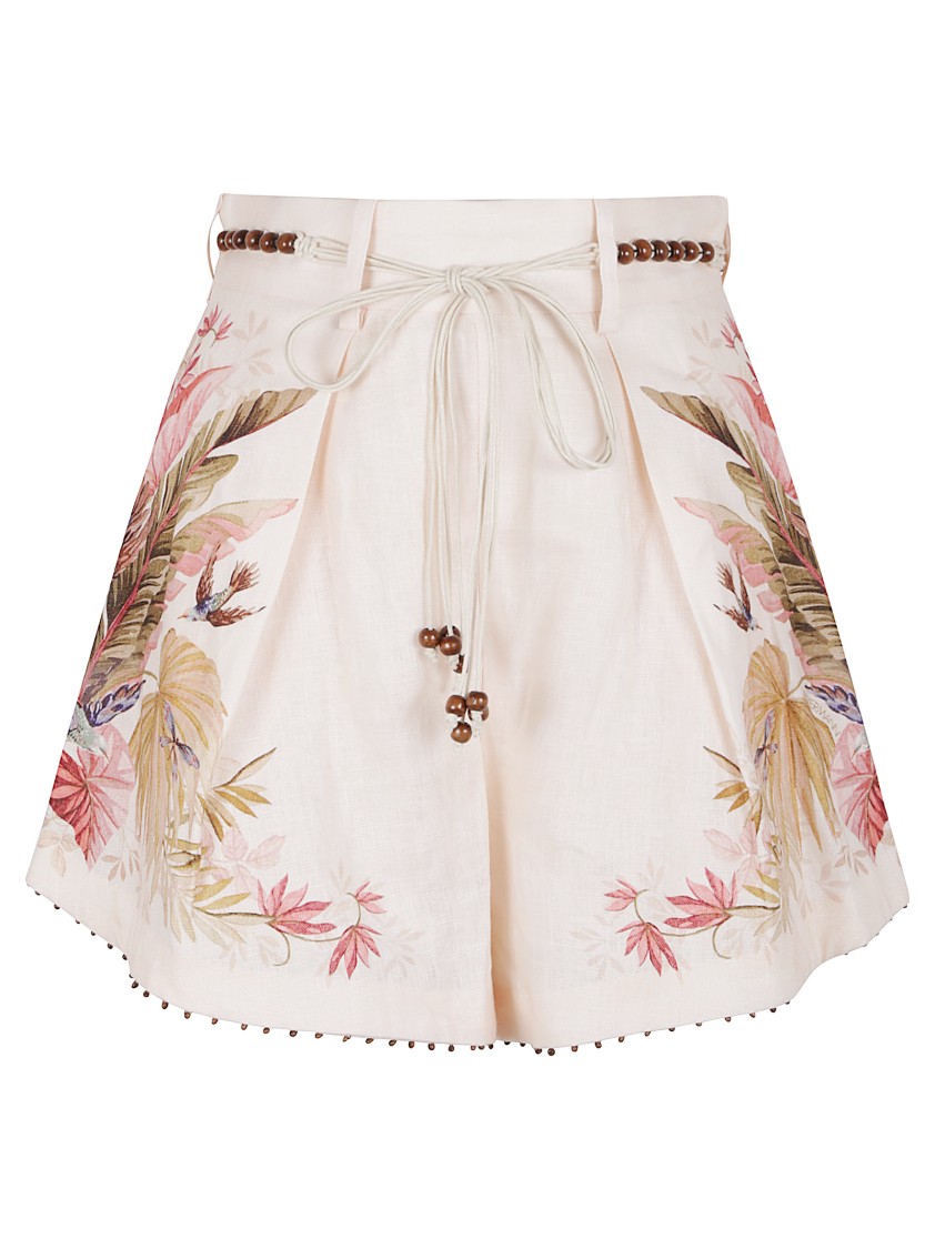 Zimmermann Ascension Belted Bead-embellished Floral-print Linen Shorts In Multi
