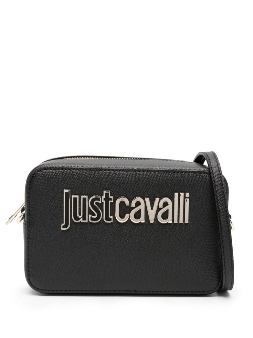 Just Cavalli Sleek Black Shoulder Bag With Signature Logo And Practical Zipper Closure In Black