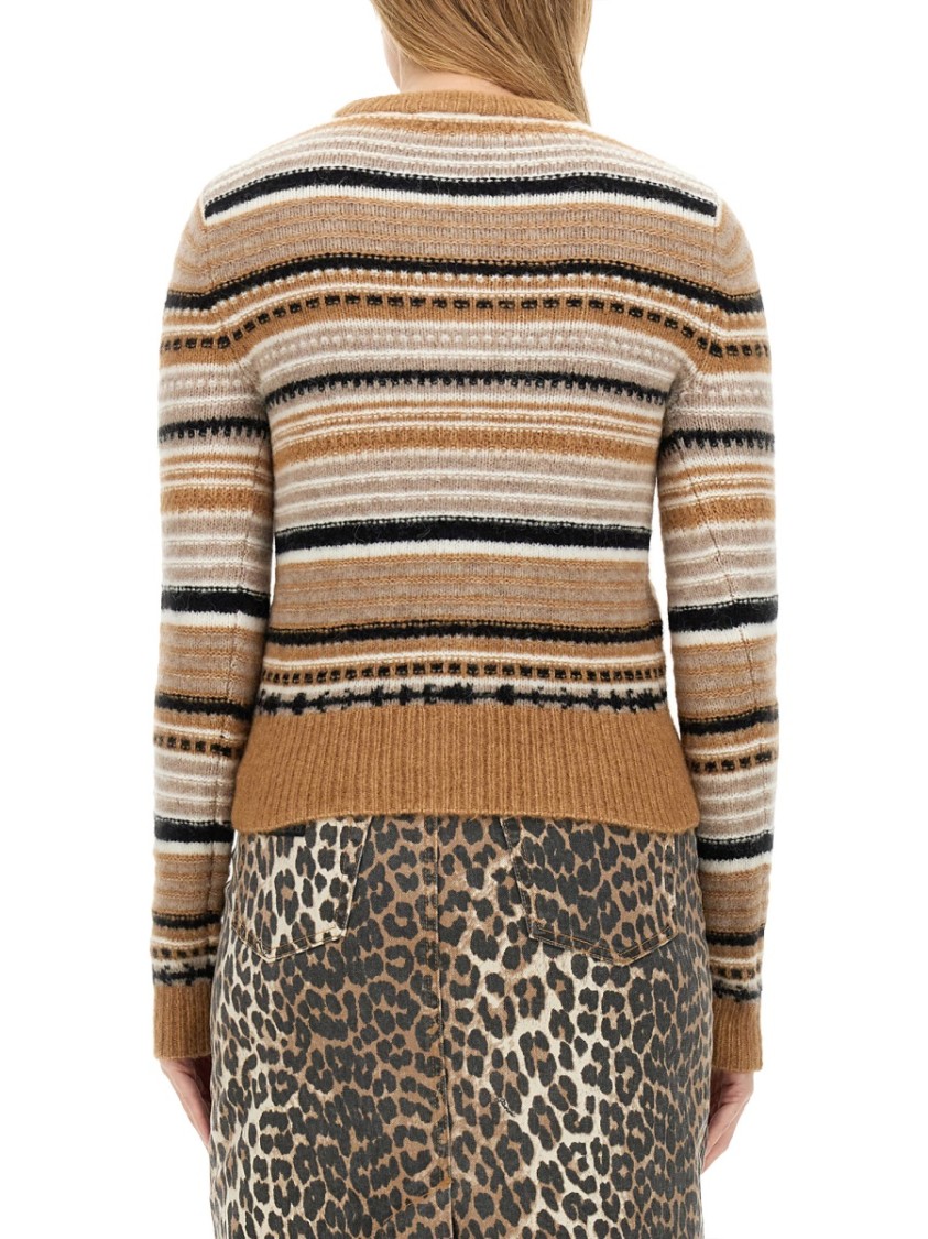 Ganni Multicolor Striped Cardigan With Logo Embroidery In Wool Woman In Multicolor