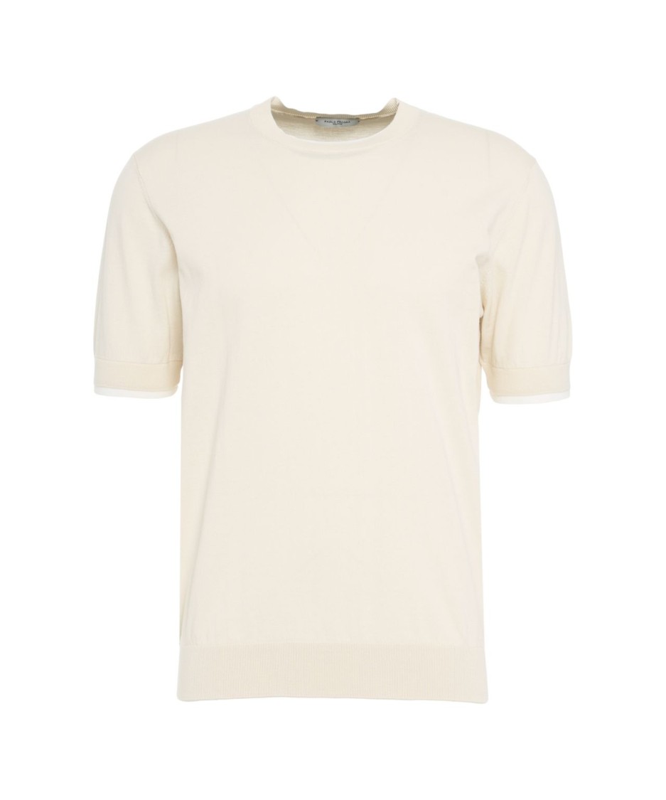 Shop Paolo Pecora Beige Crew Neck T-shirt With Ribbed Cuffs