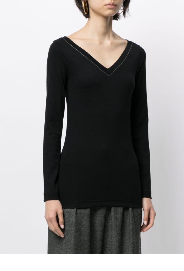 Brunello Cucinelli Black V-neck Pullover With Beads Detailing In Brown