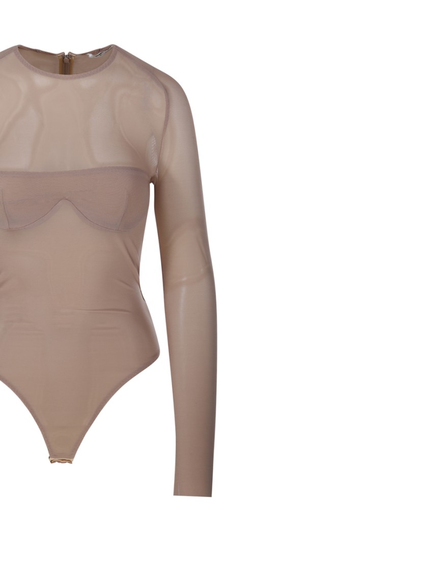 Alessandro Vigilante Sheer Long-sleeve Bodysuit With Structured Bust In Neutrals