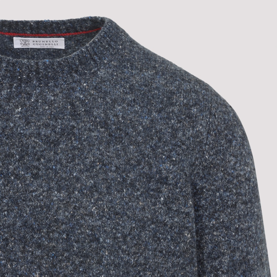 Brunello Cucinelli Blue Crewneck Sweater With A Melange Effect In Gold