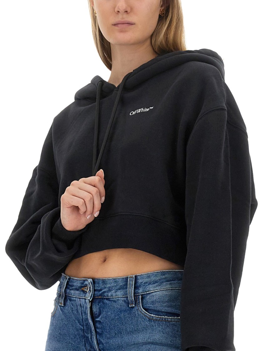 OFF-WHITE OFF-WHITE CROPPED BLACK SWEATSHIRT WITH HOOD AND DRAWSTRING