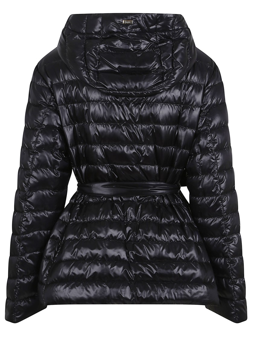 Herno Belted Waist Hooded Long Quilted Shiny Jacket