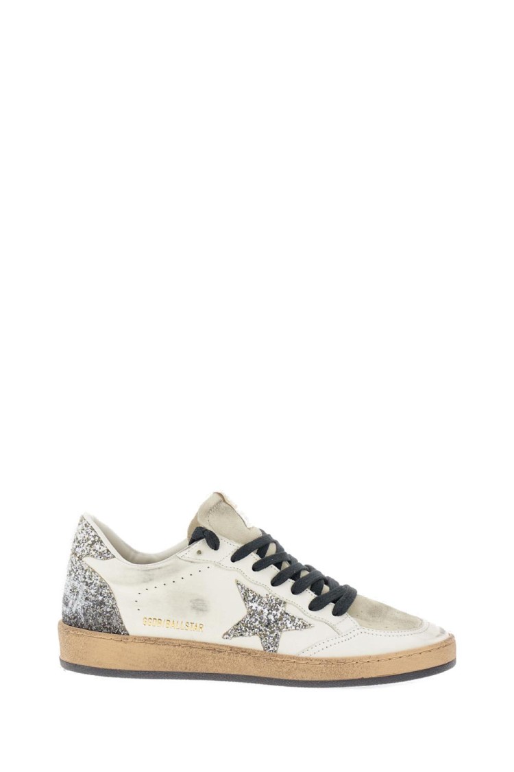 Golden Goose Ballstar White Low Top Sneakers With Glittered Star Patch On The Side And Glittered Heel With Logo L In Neutral