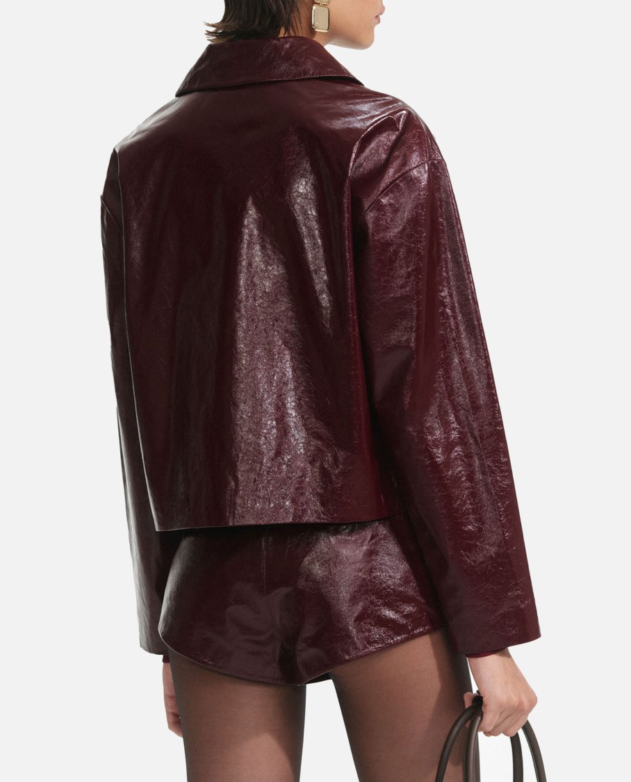 Self-portrait Leather Cropped Jacket In Burgundy
